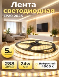 Лента светодиодная IP20 2025 288 LED/m 24W 12V. Нейтральный