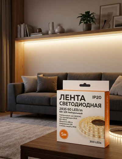 Лента светодиодная IP20 2835 60 LED/m 6W 12V. Нейтральный
