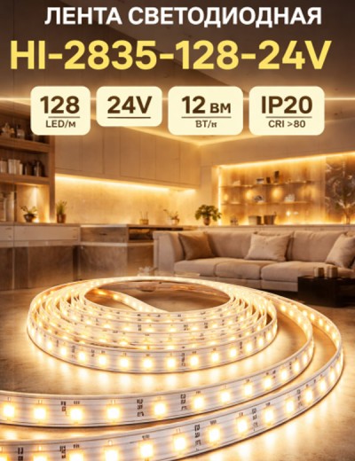 Лента светодиодная HI-2835-128-24V IP20 12 Вт/м 128 LED/m (CRI >80). Тёплый белый