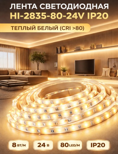 Лента светодиодная HI-2835-80-24V IP20 8 Вт/м 80 LED/m (CRI >80). Тёплый белый
